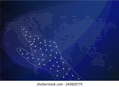 Finger touching world map on a touch screen. Vector.