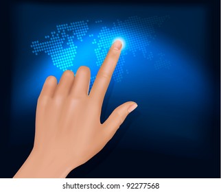 El dedo tocando el mapa del mundo en una pantalla táctil. Vector.