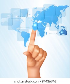 Finger touching world map on a touch screen. Vector.