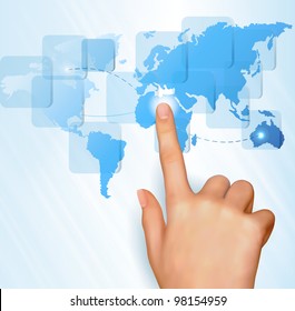 Finger touching world map on a touch screen. Vector.