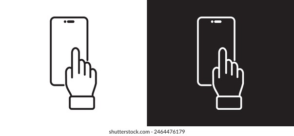 Finger tuching  the smartphone menu, Finger touch smartphone gesture icon. Modern outline style icons. Hand touch gesture vector illustration on black and white background.