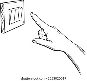 Dedo apagando o encendiendo el interruptor de iluminación en casa con fondo blanco.