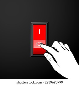 Finger turns off electric switch, saving energy and energy efficiency, hand and red button, vector