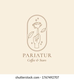 Finger Twisted Coffee Cup in a Frame with Leaves and Stars. Abstract Vector Trendy Minimal Sign or Linear Logo Template. Isolated.