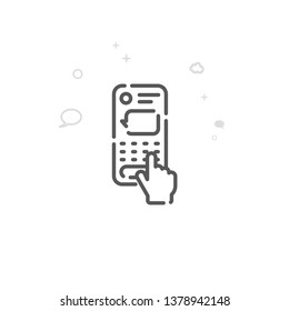 Finger Typing a Text Message on Smartphone Vector Line Icon. Dialogue, Chat Symbol, Pictogram, Sign. Abstract Geometric Background. Editable Stroke. Adjust Line Weight. Design with Pixel Perfection.