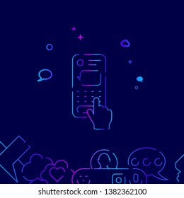 Finger Typing a Text Message on Smartphone Vector Line Illustration. Dialogue, Chat Gradient Icon, Symbol or Pictogram, Sign. Dark Blue Background. Related Bottom Border.