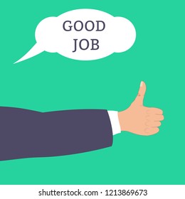 Finger up, thumb up vector illustration with "Good job" text on green background.