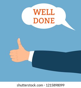 Finger up, thumb up vector illustration with "Well done" text on blue background.