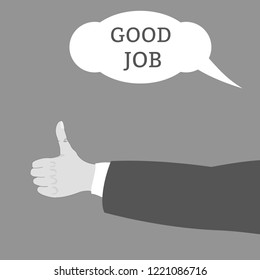 Finger up, thumb up vector illustration with "Good job" text on grey background.