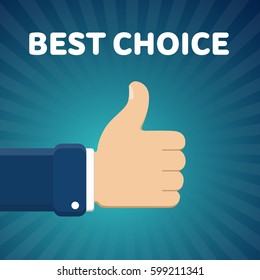 Finger up vector illustration with "Best choice" text on blue radial gradient background. Thumb up image. Like gesture.