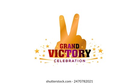 Finger Victory icon with Grand Victory celebration 3d vector text and confetti background. Vector illustration