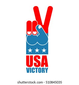 Finger victory USA. America win hand. Symbol of USA Patriot. American sports sign. Expression of emotions. Pattern of flag of United States
