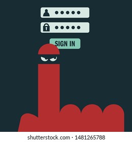 Finger wearing thief mask pushing sign in button. Cyber crime concept illustration.