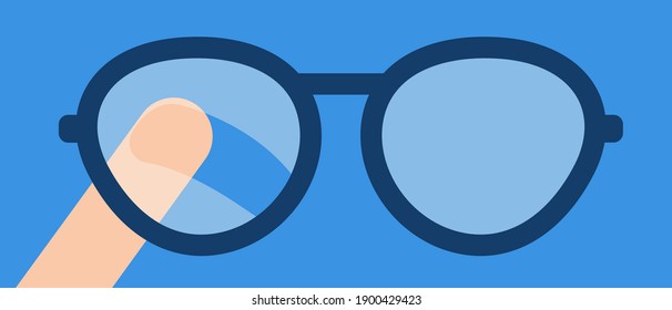 El dedo limpia el vaso enmascarado de los anteojos. Ilustración plana vectorial. Concepto del problema de la condensación en gafas para los discapacitados visuales. Falta de productos de higiene