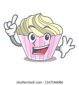 Finger yummy meringue cake on mascot cartoon