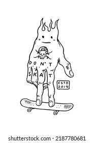 Fingerboard  Burning hand character  Skateboard Label for typography  Vintage Fire  Retro ride the boards concept  Template for t  shirt   logo  Hand Drawn engraved sketch for shop tattoo 