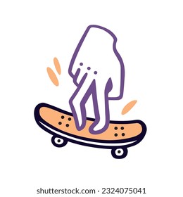 Pizarra, mano en una pequeña patineta. La cultura juvenil del patinaje. Estilo de vector de contorno. Escuela antigua, silueta manual montada en juguete.