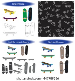 Fingerboard - small copy of skateboard.  Set of Coloring book for children.  Find the correct shadow. Find differences.