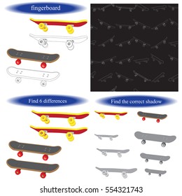 Fingerboard - small copy of skateboard. Set of Coloring book for children. Find the correct shadow. Find differences. Education game for children.