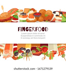 Fingerfood with shrimps, fish, olives and green vegetables appetizer, canapes, mini burgers, cartoon background vector illustration. Buffet, restaurant canape fingerfood and snack poster.