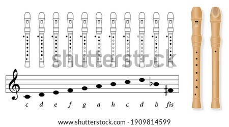 Fingering chart for recorder tuned in C, german notation, with black covered holes and white uncovered. Stave with corresponding basic musical notes. Front and back view of wooden recorder. Vector.
