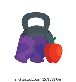 fingerless gloves with apple and dumbbell vector illustration design