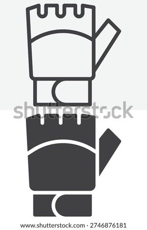 Fingerless sport gloves icon set for weightlifting training gear. Line outline and solid icon versions with editable stroke. Vector sign and symbol for gym fitness gloves icon.