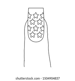 Fingernail with a pattern design. Last phalanx of a finger, showing a long nail with a design that includes stars.