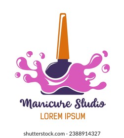 Fingernail treatment and care, manicure studio of professional master. Isolated nail polish with splashes design. Product emblem or label, beauty salon procedure advertisement. Vector in flat style