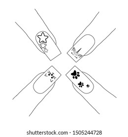 Fingernails with a pattern designs. Last phalanx of multiple index fingers, showing square nails with designs that includes stars, unicorns, cats and paws.