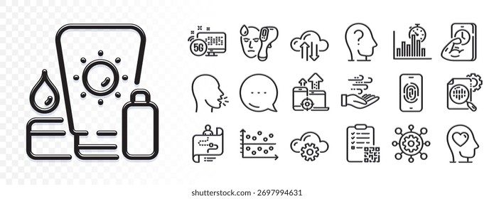 Fingerprint, 5g internet and Cough line icons for web app. Glare of light effect. Message icon. Pack of Electronic thermometer, Psychology, Qr code pictogram icons. Vector