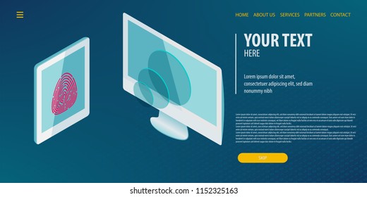 Fingerprint access computer monitor. Data connection isometric technology. Digital vector illustration. Site page template.