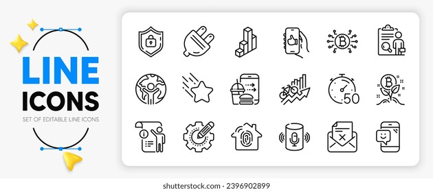 Fingerprint access, Falling star and Smile line icons set for app include Electric plug, Settings gear, Bitcoin system outline thin icon. Shield, Like app, Manual doc pictogram icon. Vector