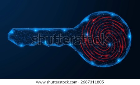 The fingerprint access key. The concept symbolizes modern security technologies, biometric access and intelligent identification systems. Polygonal design, blue background.