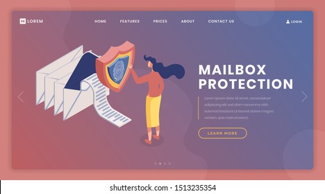 Fingerprint access landing page vector template. Mailbox protection, online information exchange webpage, website design layout with isometric illustrations. Email owner 3d character