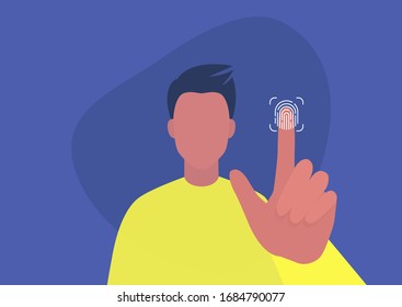 Fingerprint access, new technologies, young male character scanning their finger