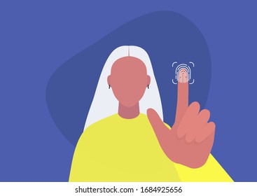 Fingerprint access, new technologies, young female character scanning their finger