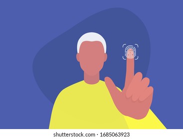 Fingerprint access, new technologies, young male character scanning their finger