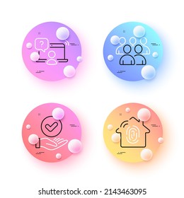 Fingerprint access, Online question and Group minimal line icons. 3d spheres or balls buttons. Approved checkbox icons. For web, application, printing. Biometric scan, Remote work, Developers. Vector
