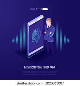 Fingerprint access password, man with mobile phone, fingerprint on smartphone screen, personal data guard isometric vector illustration ultraviolet background