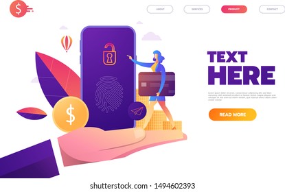 Fingerprint access password, woman with mobile phone, fingerprint personal data guard isometric vector illustration ultraviolet background.