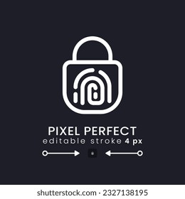 Icono de escritorio lineal blanco de acceso a huellas digitales en negro. Seguridad biométrica. Identificación personal. Píxel perfecto 128x128, contorno 4px. Símbolo de interfaz de usuario aislado para tema oscuro. Trazo editable