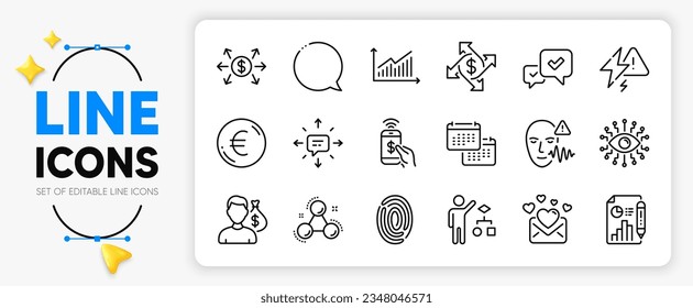 Fingerprint, Algorithm and Euro money line icons set for app include Artificial intelligence, Chemistry molecule, Love mail outline thin icon. Calendar, Salary, Lightning bolt pictogram icon. Vector