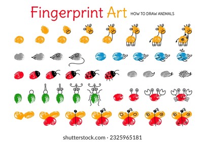 Fingerprint animal painted game, how to draw animals with fingers. Nursery activity, elementary school educational. Children art classy vector graphic