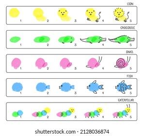 Fingerprint Animals Step By Step, Children Finger Paint Art Game. Painting With Fingers, Kindergarten Kids Activity Vector Illustration. Illustration Of Fingerprint Childish