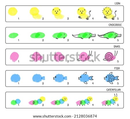 Fingerprint animals step by step, children finger paint art game. Painting with fingers, kindergarten kids activity vector illustration. Illustration of fingerprint childish