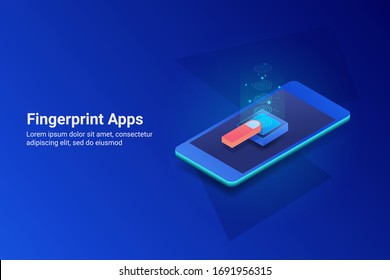 Fingerprint app, Smartphone with fingerprint sensor, Fingerprint scanner - conceptual isometric vector illustration with icons