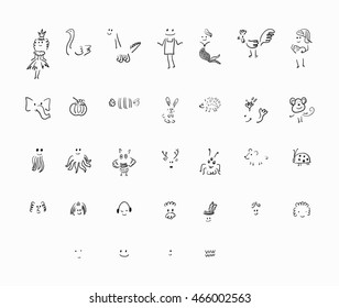 Fingerprint Art collection of prints of fingers and paint the outlines of characters of humans and animals. Vector illustration of a creative.