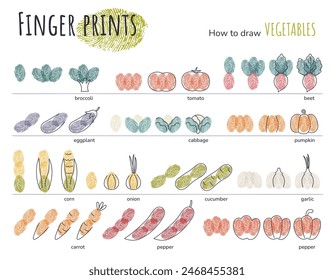 Tareas educativas para niños sobre cómo dibujar verduras usando huellas digitales. Elementos de diseño de garabatos, dibujos de líneas para niños en edad preescolar. Ilustraciones vectoriales aisladas en blanco.