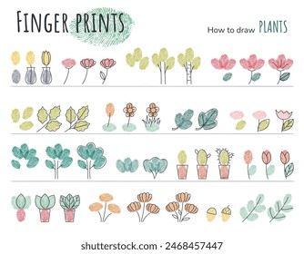 Fingerprint Art. Educational tasks for kids. How to Draw Plants, flowers, trees using fingerprints. Isolated doodle design elements, line art. Drawing for preschool children. Vector illustrations.